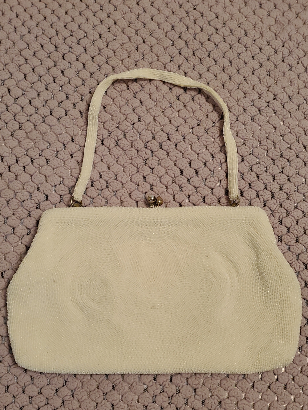 1940s Brass Frame Beaded Ivory Pearl Cream Clutch Handbag Purse Vintage Pinup
